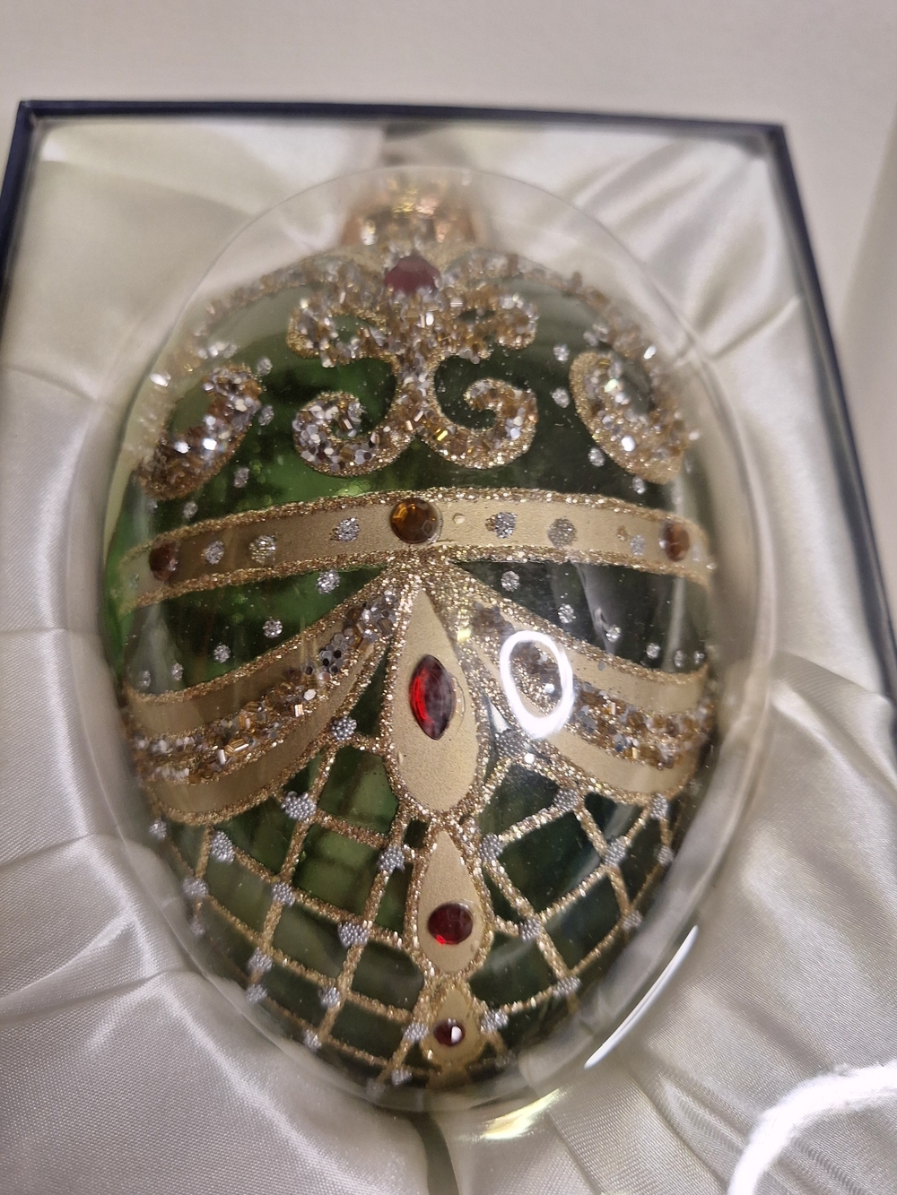 Large Hand-Painted Dk Green and Gold Decorative Egg Ornament    6.5" X 5"